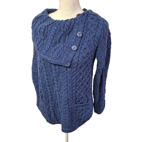 Aran Crafts Ireland Merino Wool Crossover Neck Button Up Blue Cable Knit Medium
