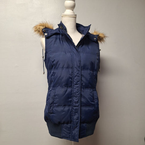 Papermoon Vest Removable Hood Faux Fur Winter Fall Blue Womens Large Zip Snap