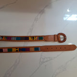 Leather Embroidered Belt Guatemala Size 34 Colorful Small Bright Rainbow