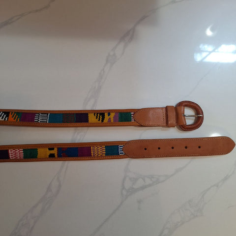 Leather Embroidered Belt Guatemala Size 34 Colorful Small Bright Rainbow