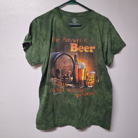 The Mountain Beer Answer Shirt Short Sleeve Mens Large Green USA India Made
