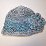 Crochet Knit Hat Flower Bling Blue Gray Fall Winter Womens Handmade Ombre