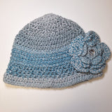 Crochet Knit Hat Flower Bling Blue Gray Fall Winter Womens Handmade Ombre