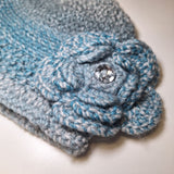 Crochet Knit Hat Flower Bling Blue Gray Fall Winter Womens Handmade Ombre