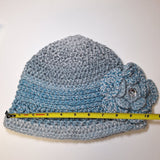 Crochet Knit Hat Flower Bling Blue Gray Fall Winter Womens Handmade Ombre