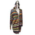 Long Hooded Cardigan Buttons Colorful Stripes Soft Womens XL Long Sleeve