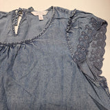 LC Lauren Conrad Blouse Lace Cap Sleeves Blue Denim Womens XL Tie Back Country