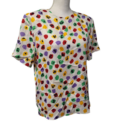 Eva Laurel New York Shoulder Pads Vintage Blouse Womens 10 USA Made Colorful Spots