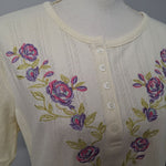 Sarah Morgan Shirt Embroidered Floral Off White Quarter Button Womens Large