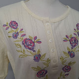 Sarah Morgan Shirt Embroidered Floral Off White Quarter Button Womens Large