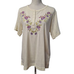 Sarah Morgan Shirt Embroidered Floral Off White Quarter Button Womens Large