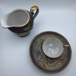 Dragonware Japanese Moriage Cream Pitcher Black Blue Raised Saucer Teacup Set