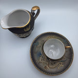 Dragonware Japanese Moriage Cream Pitcher Black Blue Raised Saucer Teacup Set