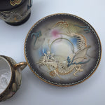 Dragonware Japanese Moriage Cream Pitcher Black Blue Raised Saucer Teacup Set