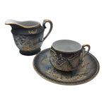 Dragonware Japanese Moriage Cream Pitcher Black Blue Raised Saucer Teacup Set