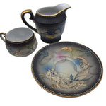 Dragonware Japanese Moriage Cream Pitcher Black Blue Raised Saucer Teacup Set