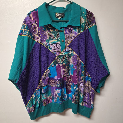 Silver Threads USA Pullover Teal Green Purple Vintage Womens 5X Shoulder Pads