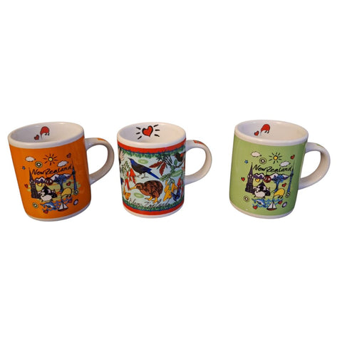 New Zealand Mug Cup Mini Espresso Vintage Set of 3 Unmarke Small Kiwi Bird Sheep