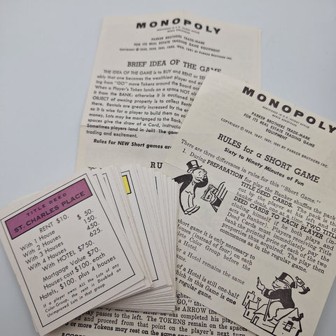 Monopoly Replacement Deed Pieces Instructions Rules 1960s Vintage Property