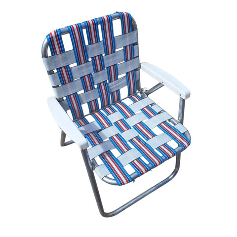 Vintage Webbed Folding Chair Aluminum Red White Blue Summer Patio Patriotic USA