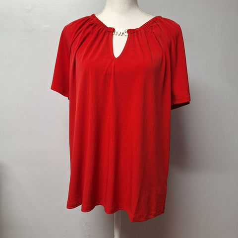 Michael Kors V Neck Blouse Top Red Business Casual MK Short Sleeve Womens Large