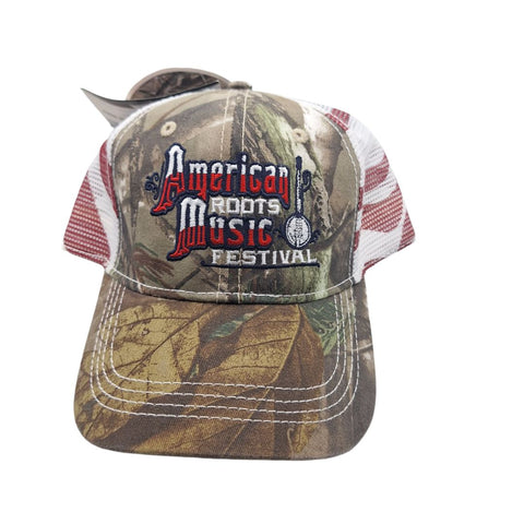 American Roots Music Festival Hat Cap American Flag Mesh Adjustable Tags Banjo