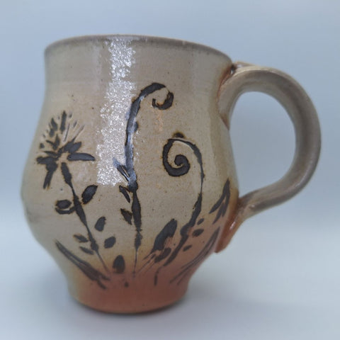 Clay Pottery Tea Coffee Mug Cup Art 4 Inch Brown Earth Handmade Folk Floral