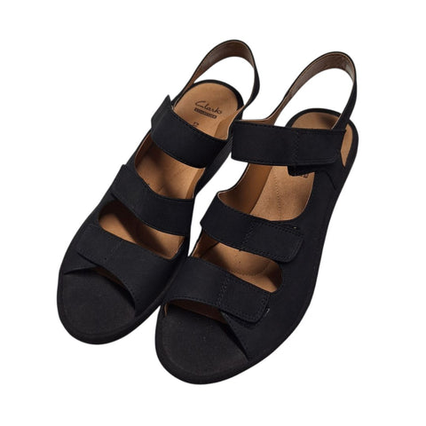 Clarks Soft Cushion Sandal Wedge Shoes Adjustable Straps Womens 9 Wide Black