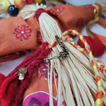 Vintage Corn Husk Doll Ribbon Fabric Dress Braided Belt Key Charm Bead Necklace