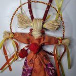 Vintage Corn Husk Doll Ribbon Fabric Dress Braided Belt Key Charm Bead Necklace