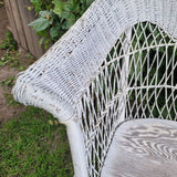 Wicker Rattan Chair White Removable Wooden Seat Vintage Low Wing Arm Patio