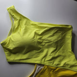 Yellow One Shoulder Swimsuit Block Colors Cutout Side Womens Large Neon Bright