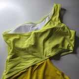 Yellow One Shoulder Swimsuit Block Colors Cutout Side Womens Large Neon Bright