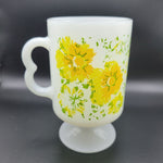 Correlle Cup Mug Set of 2 Yellow Floral Milk Glass Flowers Footed Finger Handle