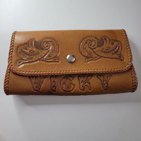Leather Wallet Etched Vicky Brown Flowers Bird Snap Stitched Edge 9 Inches Wide