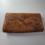 Leather Wallet Etched Vicky Brown Flowers Bird Snap Stitched Edge 9 Inches Wide