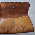 Leather Wallet Etched Vicky Brown Flowers Bird Snap Stitched Edge 9 Inches Wide