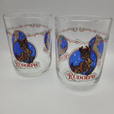 Rudolph Red Nosed Reindeer Glasses Set of 2 Vintage Clear Blue Holiday Christmas