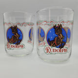 Rudolph Red Nosed Reindeer Glasses Set of 2 Vintage Clear Blue Holiday Christmas