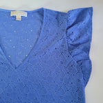 Michael Kors Eyelet Lace Ruffle Short Sleeve Blue Womens Large V Neck Floral