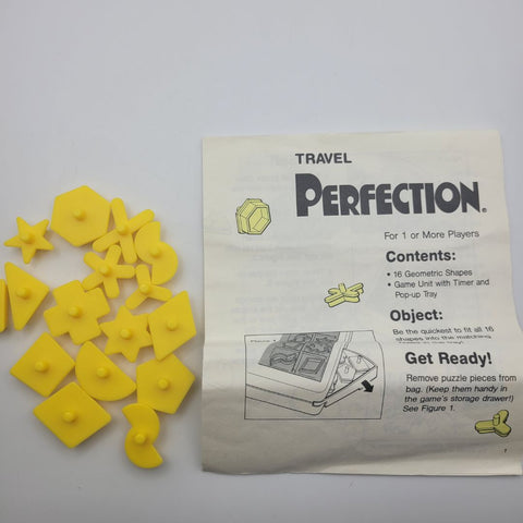1991 Perfection Travel Game Replacement Pieces Yellow Shapes Instruction Manual