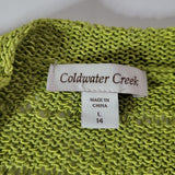 Coldwater Creek Long Cardigan Green Open Front Womens Large Knit Weave Shiny