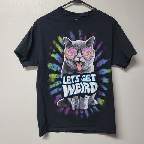 Let's Get Weird Cat Tee Shirt Psychedelic Funky Hippie Mens M Black Kitty