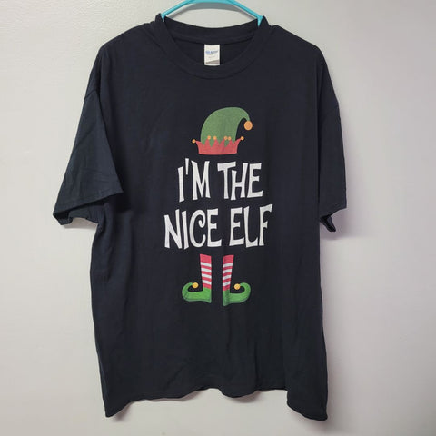 Gildan Nice Elf Tee Shirt Christmas Holiday Womens XL Black Naughty Party Funny