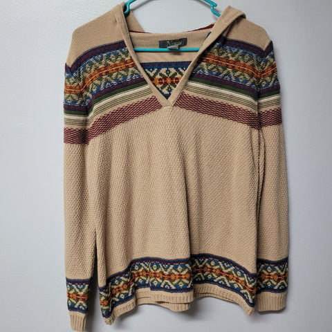 Natural Reflections Knit Hooded Sweater Hoodie Tan Brown Tribal Womens Large