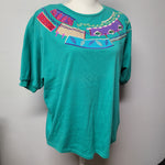 Koret Francisca Shirt Green Embroidered 80s Shoulder Pads Vintage Womens M Tribe