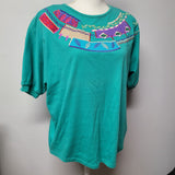 Koret Francisca Shirt Green Embroidered 80s Shoulder Pads Vintage Womens M Tribe