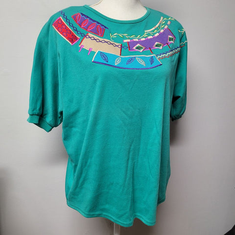 Koret Francisca Shirt Green Embroidered 80s Shoulder Pads Vintage Womens M Tribe