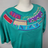 Koret Francisca Shirt Green Embroidered 80s Shoulder Pads Vintage Womens M Tribe