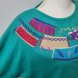 Koret Francisca Shirt Green Embroidered 80s Shoulder Pads Vintage Womens M Tribe